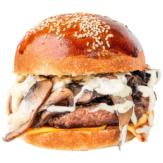 Mushroom Magic burger, halal, FRIES B4 GUYS Allston