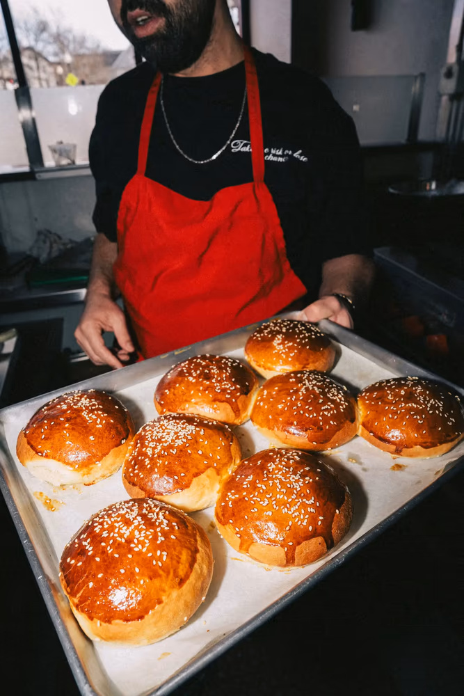 Burger buns baked fresh each morning in the FRIES B4 GUYS kitchen in Allston