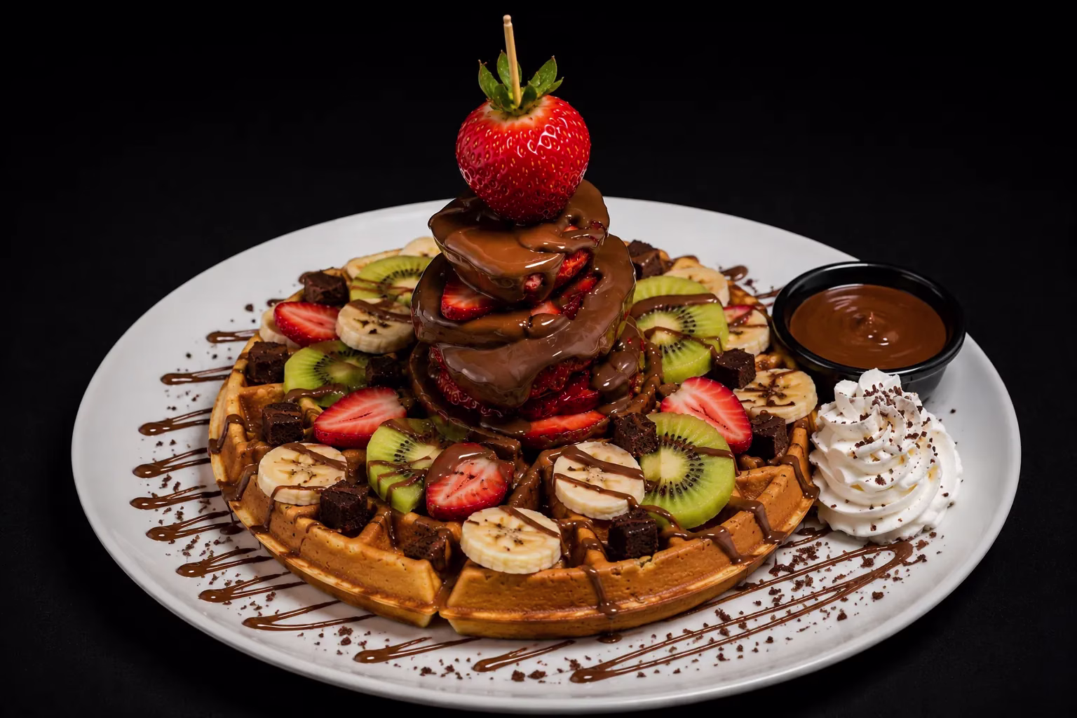 Belgian waffle topped with fruit and Nutella at FRIES B4 GUYS in Allston, Boston