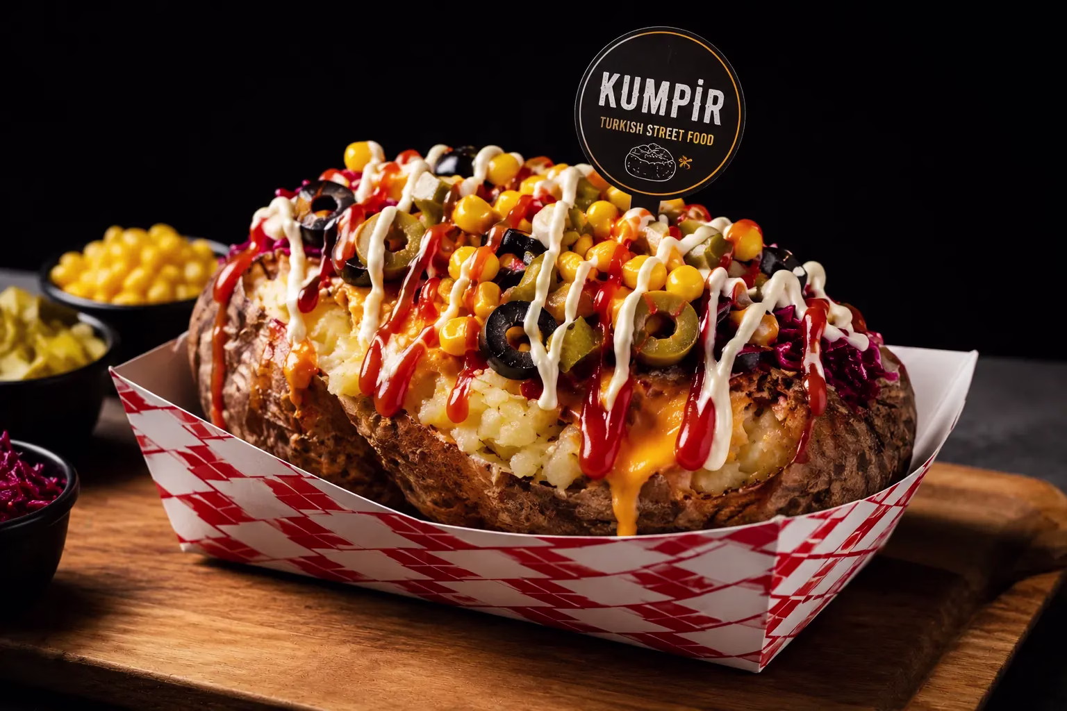 Turkish kumpir loaded with toppings including corn, olives, and sauces at FRIES B4 GUYS in Allston, Boston. In-store only.