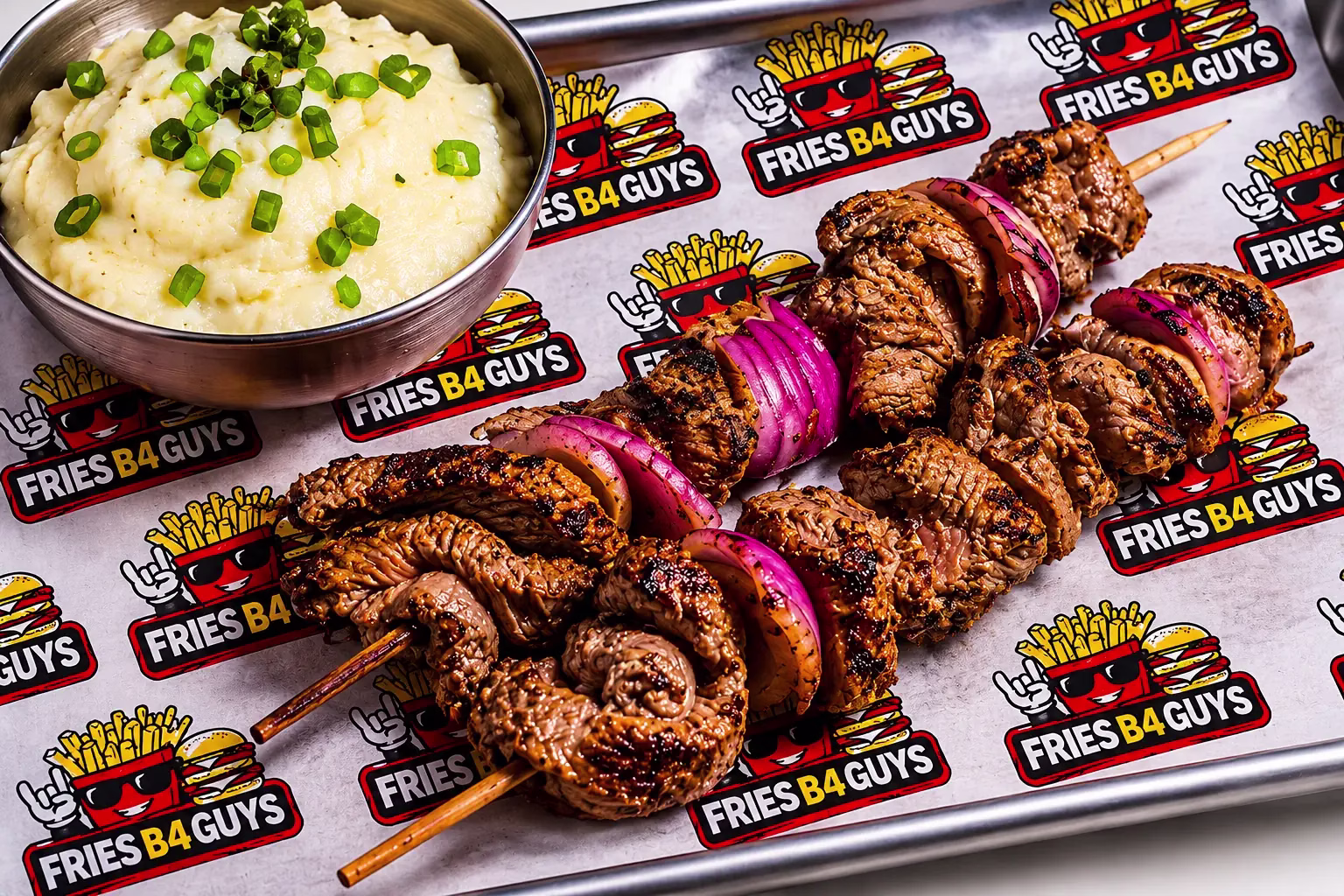 Prime steak skewer combo with two halal picanha skewers at FRIES B4 GUYS in Allston, Boston