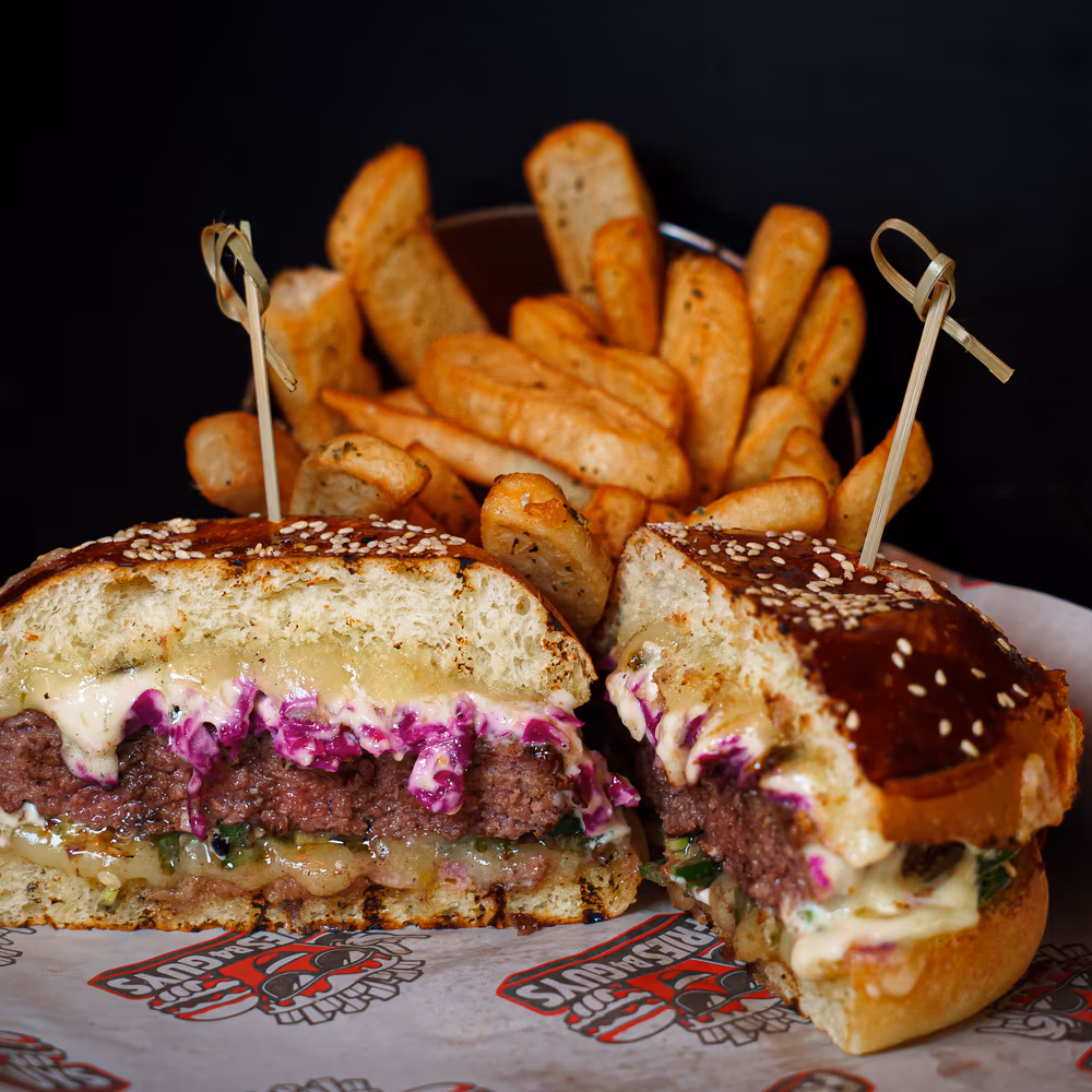 The Midnight Fire cut in half with a basket of Dutch-style fries behind it